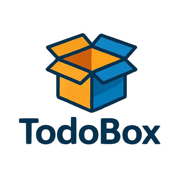 TodoBox logo with a blue and orange box on a beige background